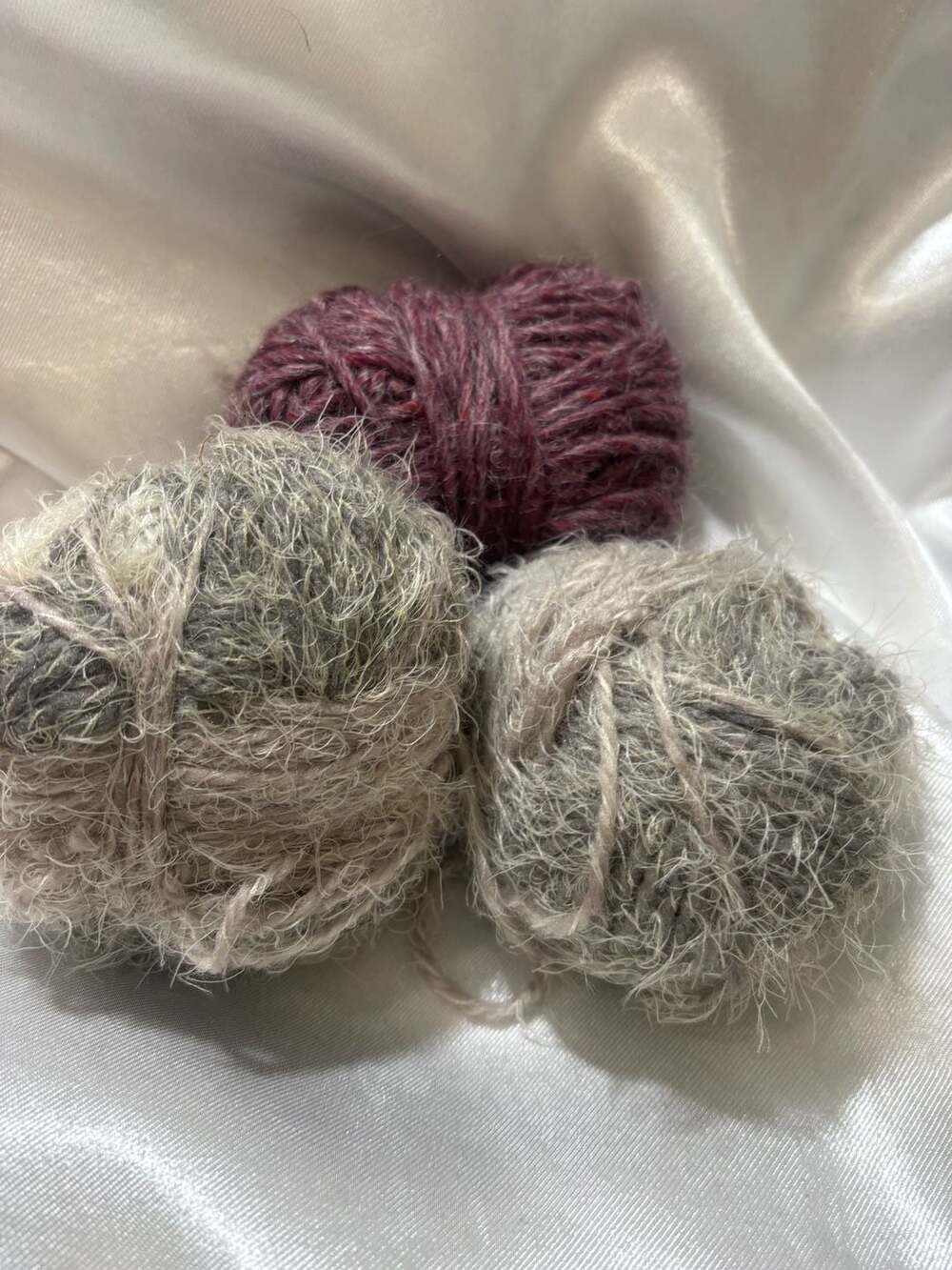Lot of 3 Mixed Mohair and Alpaca Style Hand-Wound Yarn Balls Gray and Burgundy